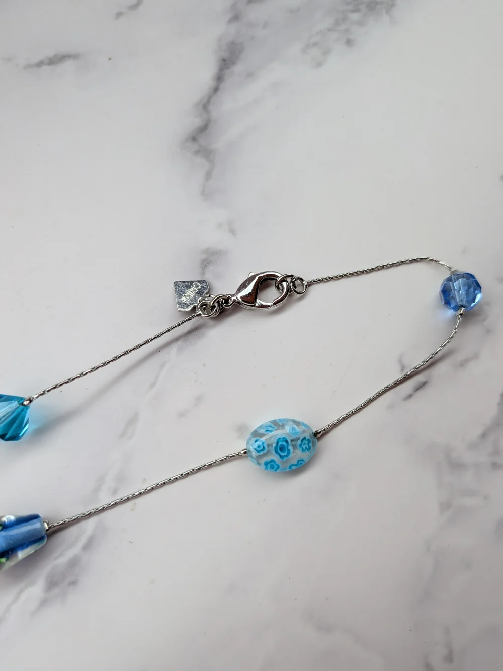 Cookie Lee Blue Lampwork Glass Beaded Station Necklace Floral Crystal - Picture 5 of 5